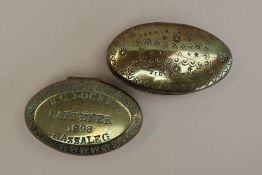 A 19th century oval brass tobacco twist tin, decorated with leaves, stamped W.C.