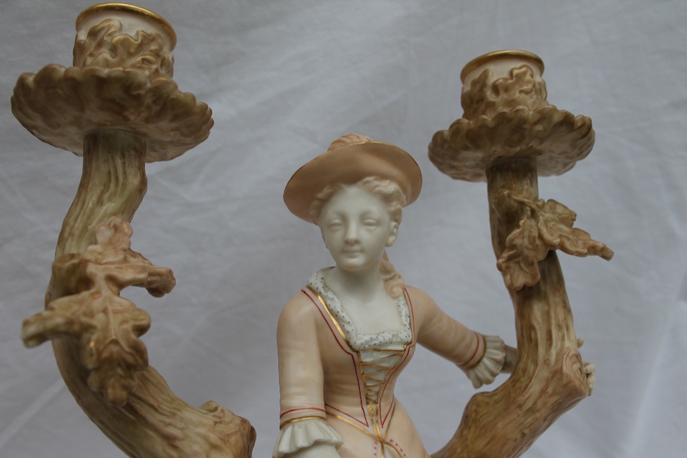A pair of Royal Worcester Watteau style figural candelabra, - Image 8 of 8