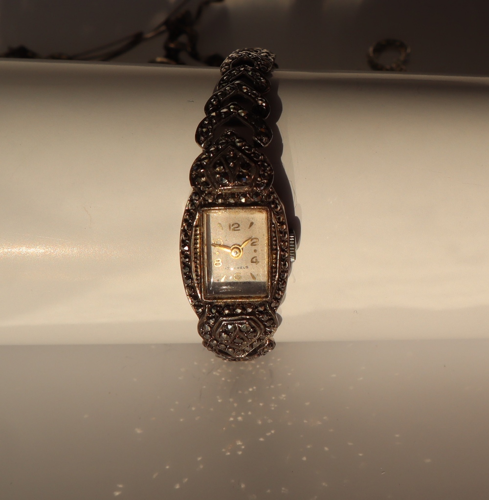 A Lady's marcasite set cocktail watch, together with marcasite brooches, - Image 2 of 2