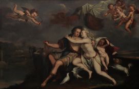 18th Century Continental School Venus and Adonis With Adonis holding the leads of two greyhounds,