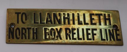 Railwayana - A brass signal box shelfplate "TO LLANHILLETH NORTH BOX RELIEF LINE" 12 X 3.