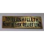 Railwayana - A brass signal box shelfplate "TO LLANHILLETH NORTH BOX RELIEF LINE" 12 X 3.