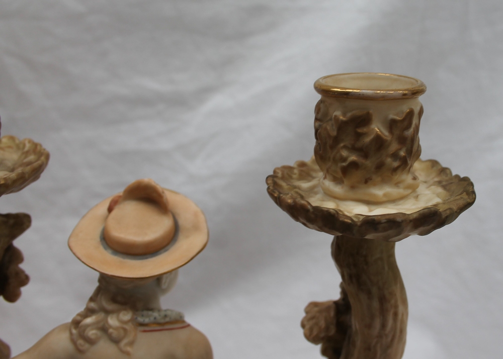 A pair of Royal Worcester Watteau style figural candelabra, - Image 4 of 8