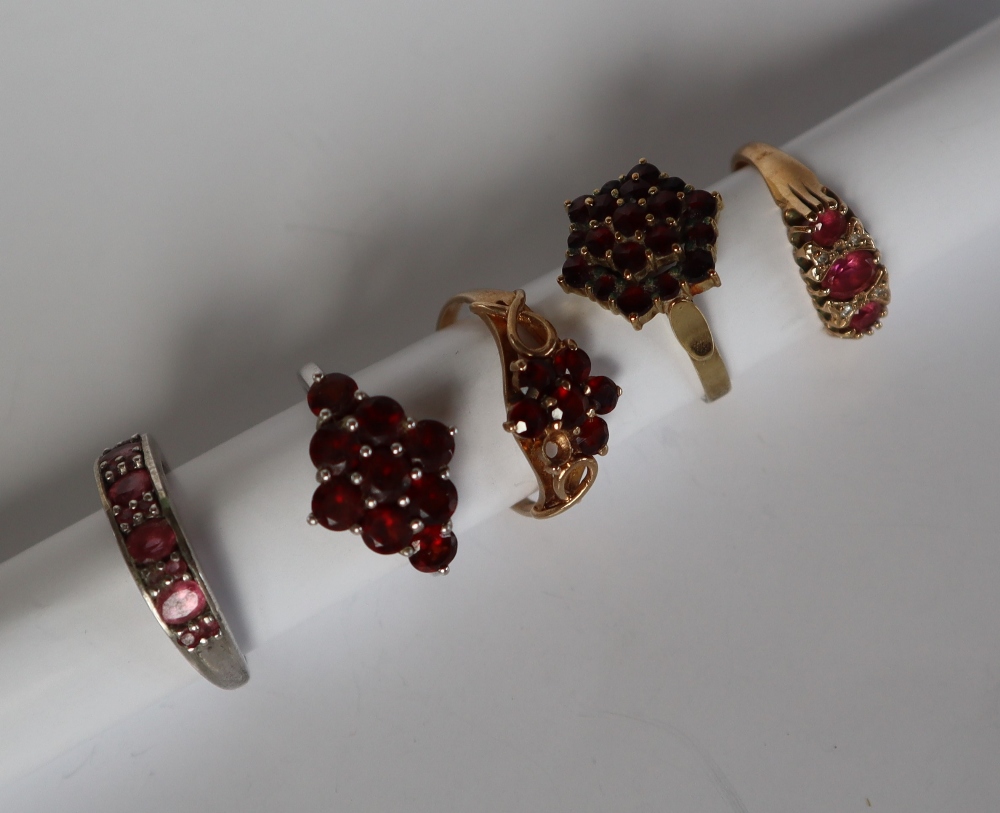 Two 9ct gold garnet cluster rings,