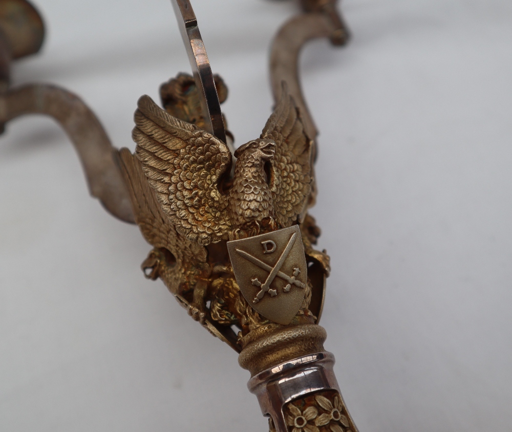 An Aurum silver three branch candleabra, applied with Griffins holding shields, - Image 5 of 7