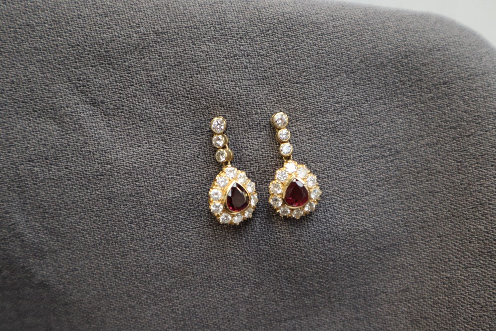 A pair of 18ct yellow gold ruby and diamond drop earrings, - Image 2 of 5
