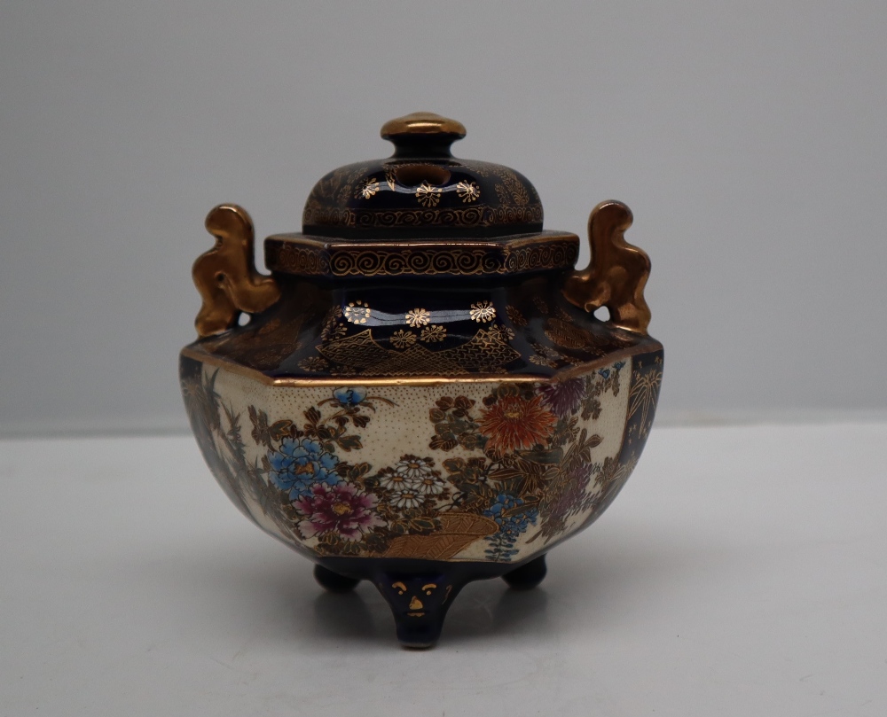 A Japanese satsuma pottery potpourri twin handled vase and cover, of hexagonal form, - Image 2 of 7