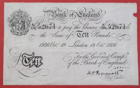 A Bank of England white Ten Pounds note, Kenneth Oswald Peppiatt, London, dated 19th October 1936,