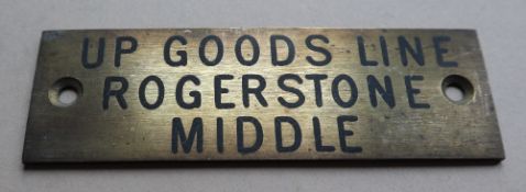 Railwayana - A brass signal box shelfplate "UP GOODS LINE ROGERSTONE MIDDLE", 12 x 3.