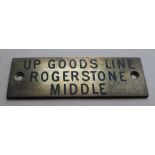 Railwayana - A brass signal box shelfplate "UP GOODS LINE ROGERSTONE MIDDLE", 12 x 3.