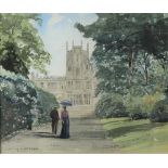 Chris Last Margam Abbey with figures in the foreground Watercolour Signed and dated 1986 18.5 x 22.