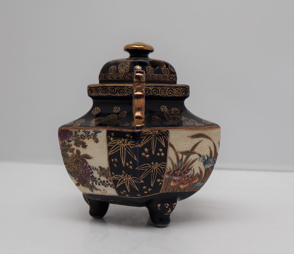 A Japanese satsuma pottery potpourri twin handled vase and cover, of hexagonal form, - Image 5 of 7