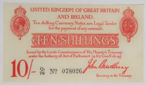 A John Bradbury Ten Shillings note, printed in red,