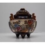 A Japanese satsuma pottery potpourri twin handled vase and cover, of hexagonal form,