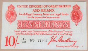 A John Bradbury Ten Shillings note, printed in red,