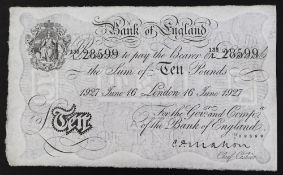 A Bank of England white Ten Pounds note, Cyril Patrick Mahon, London dated 16th June 1927,