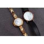 An 18ct yellow gold ladies wristwatch with an enamel dial and Arabic numerals on a 15ct gold sprung