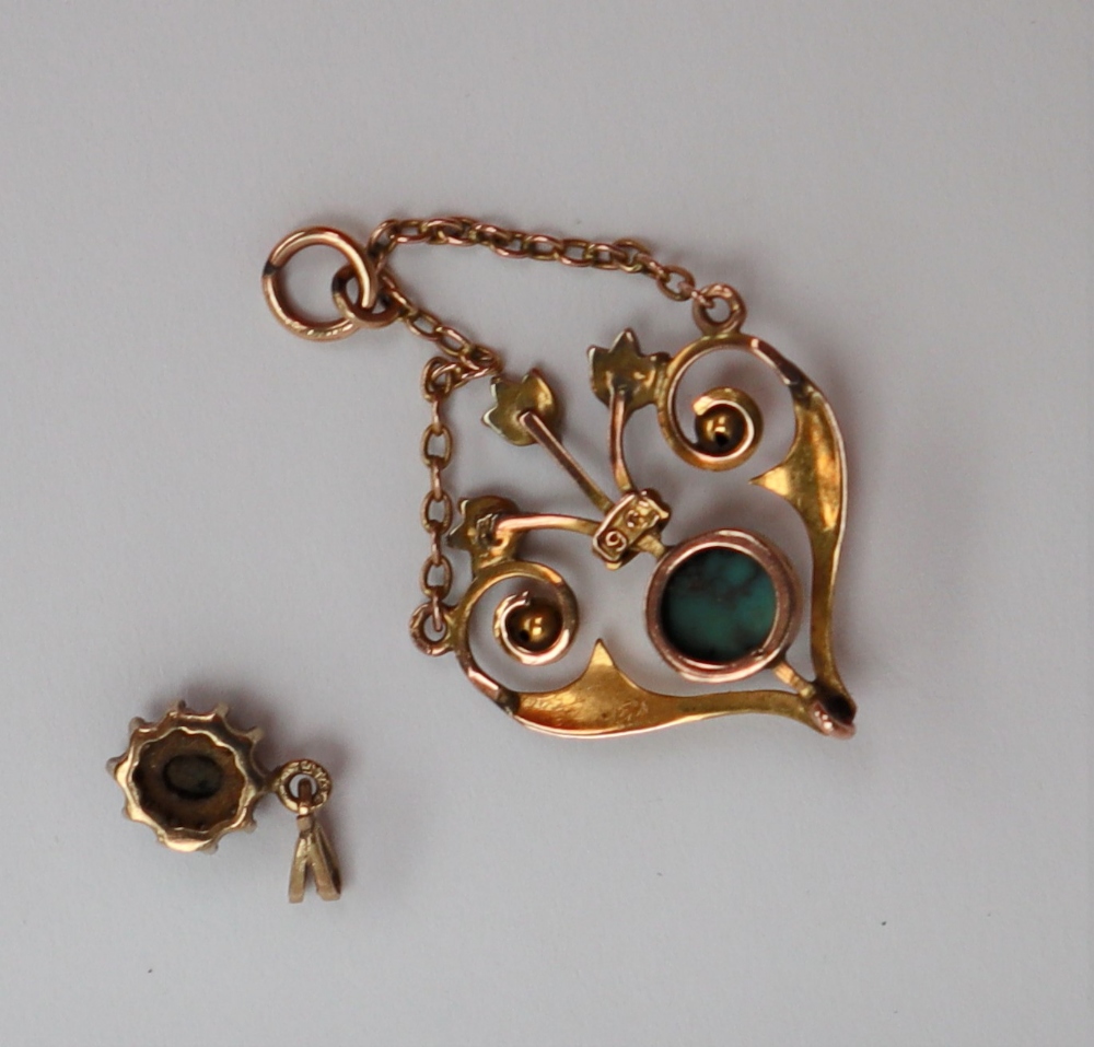 A 9ct yellow gold pendant of heart shape set with a central turquoise and seed pearls together with - Image 2 of 2