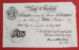 A Bank of England white Five Pounds note, Ernest Musgrave Harvey, London dated 23rd July 1919,