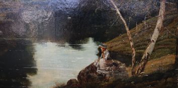 Theodore Hines A Seated lady reading by a river Oil on canvas Signed "George Cole" and dated