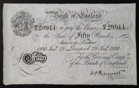 A Bank of England white Fifty Pounds note, Kenneth Oswald Peppiatt, Liverpool,