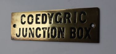 Railwayana - A brass signal box shelfplate "COEDYGRIC JUNCTION BOX", 12 x 3.