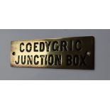 Railwayana - A brass signal box shelfplate "COEDYGRIC JUNCTION BOX", 12 x 3.