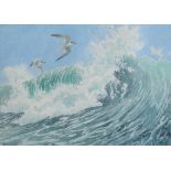 John Tennent Terns and breaking wave Watercolour Signed and label verso 28.
