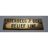 Railwayana - A brass signal box shelfplate "ABERBEEG Jc BOX RELIEF LINE", 12 x 3.