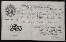 A Bank of England white Five Pounds note, Percival Spencer Beale, London, dated 1st April 1949,