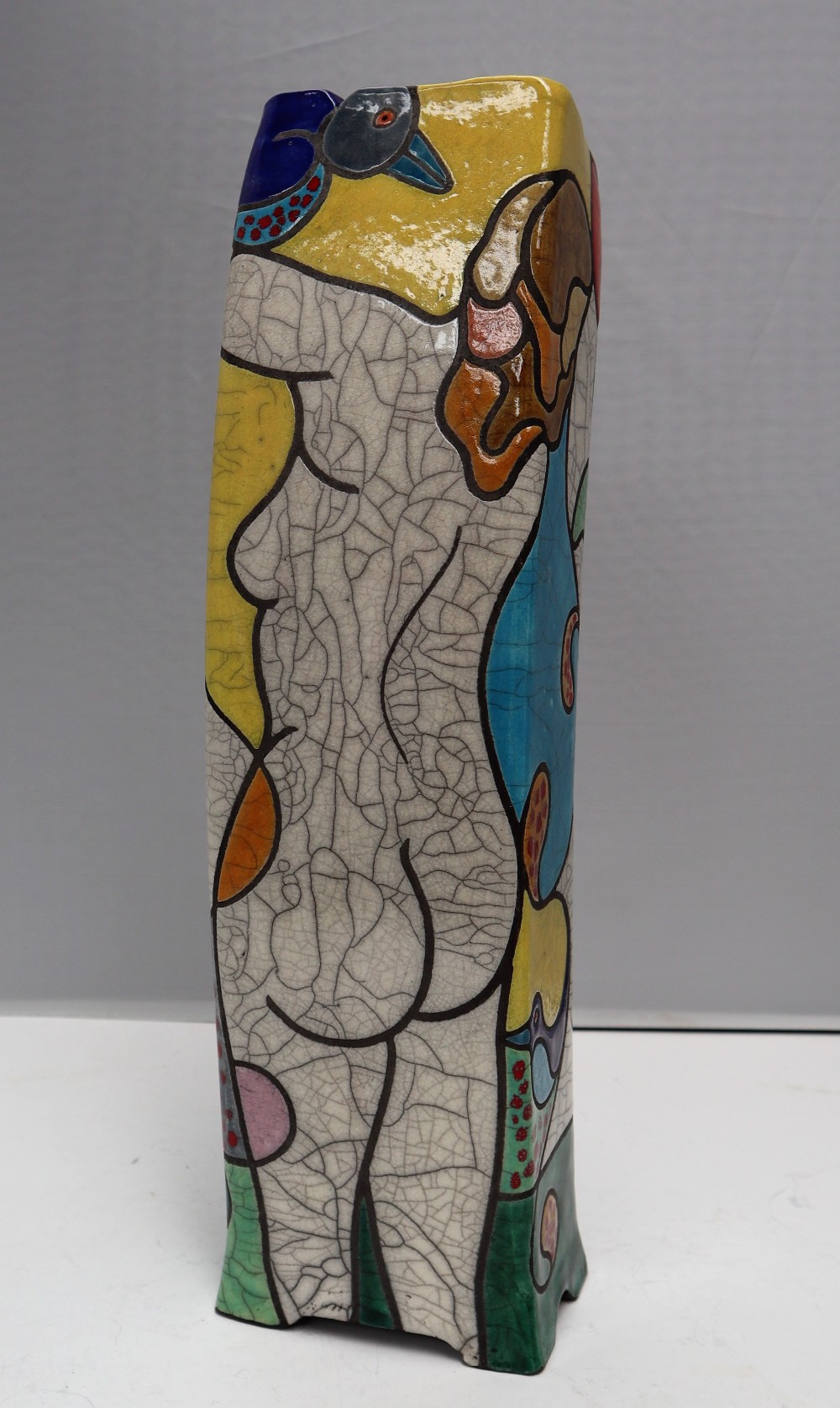 A Tony White leaning raku vase decorated with tulips and a nude figure, titled "Tulips, - Image 3 of 6