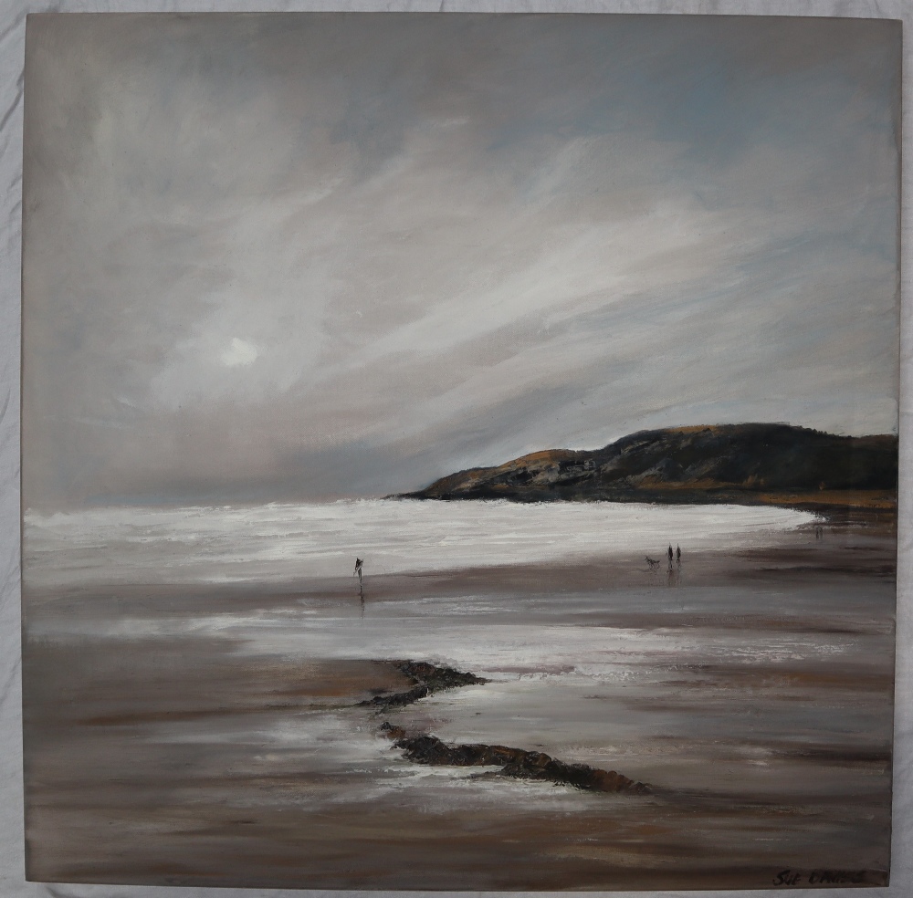 Sue Davies Surfer Langland Oil on canvas Signed 90 x 90cm ***Artists resale rights may apply to - Image 2 of 5