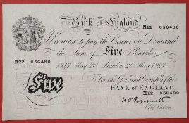 A Bank of England white Five Pounds note, Kenneth Oswald Peppiatt, London, dated 20th May 1947,