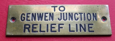 Railwayana - A brass signal box shelfplate "TO GENWEN JUNCTION RELIEF LINE", 12 x 3.