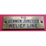 Railwayana - A brass signal box shelfplate "TO GENWEN JUNCTION RELIEF LINE", 12 x 3.