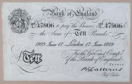 A Bank of England white Ten Pounds note, Basil Gage Catterns, London dated 17th June 1929,