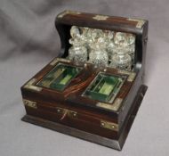 A Victorian coromandel tantalus / jewellery box, with three miniature decanters / scent bottles,