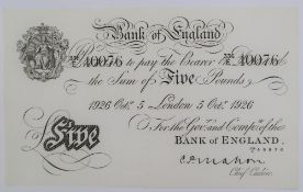 A Bank of England white Five Pounds note, Cyril Patrick Mahon, London dated 5th October 1926,