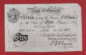 A Bank of England white Five Pounds note, J.G.
