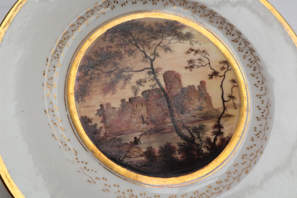 A Swansea porcelain plate painted with a view of Pembroke Castle with a large tree and a figure - Image 2 of 5