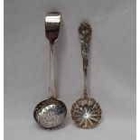A Victorian silver fiddle pattern sifting spoon, with a pierced bowl, London, 1856, Chawner and Co,