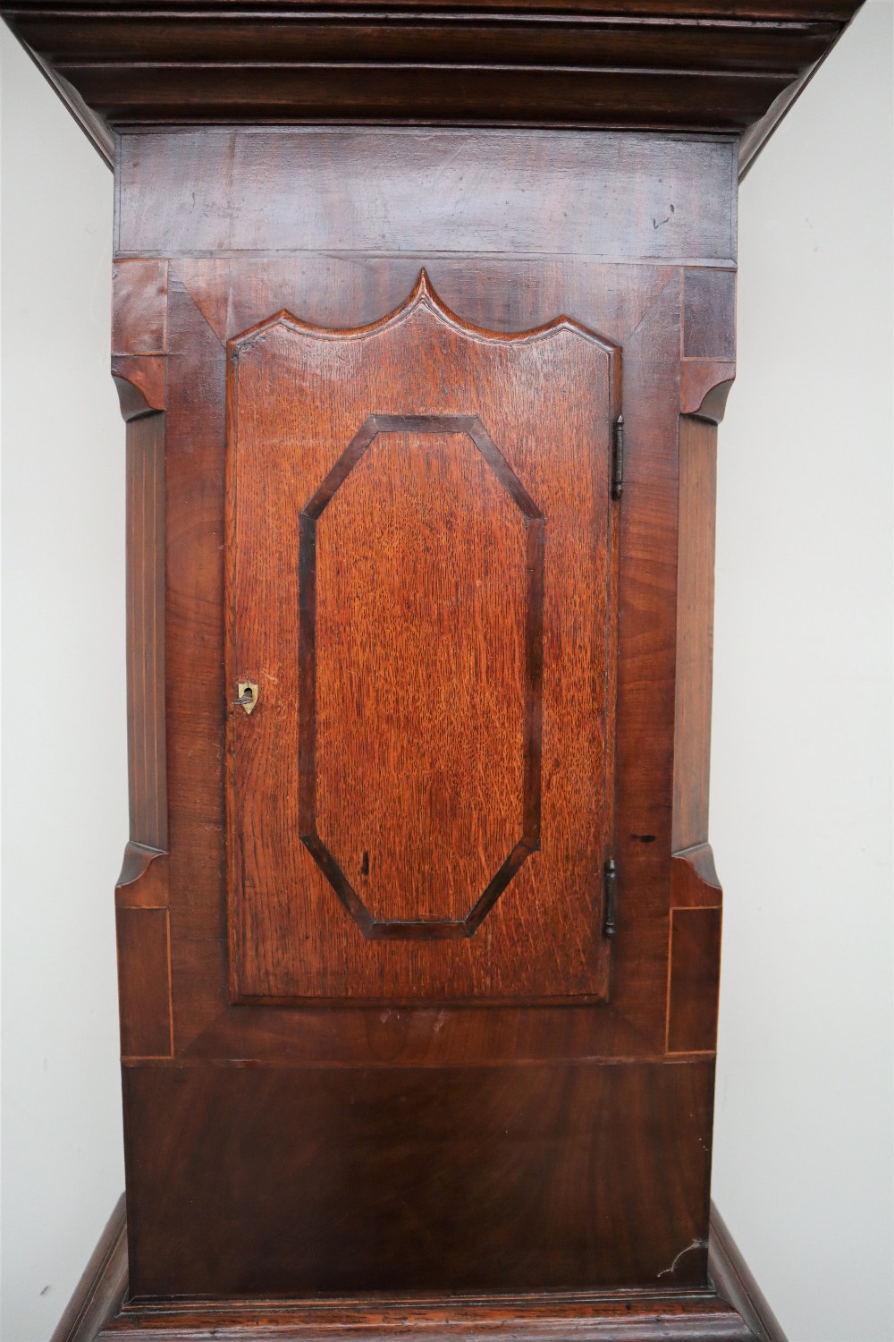 A 19th century oak and mahogany longcase clock, the hood with swan neck pediment and brass finial, - Image 2 of 9