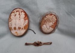 A shell cameo brooch depicting a maiden in profile, to a 9ct gold setting,