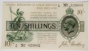 A John Bradbury Ten Shillings note, printed in green, lilac and white, third issue,