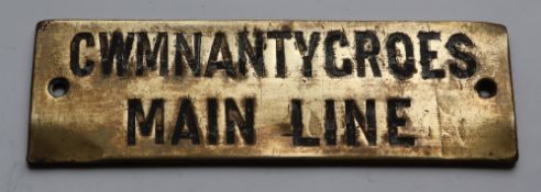 Railwayana - A brass signal box shelfplate "CWMNANTYGROES MAIN LINE", 12 x 4cm,