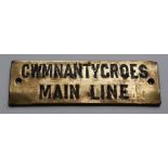 Railwayana - A brass signal box shelfplate "CWMNANTYGROES MAIN LINE", 12 x 4cm,