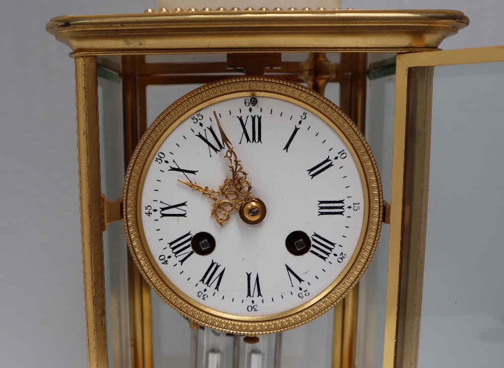 A 19th Century French four glass mantle clock, with a gilt metal vase surmount, on a marble plinth, - Image 2 of 6