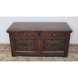 An 18th century oak coffer, the moulded top above a carved two panel front on stiles, 101.