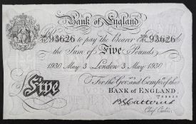 A Bank of England white Five Pounds note, Basil Gage Catterns, London, dated 3rd May 1930,