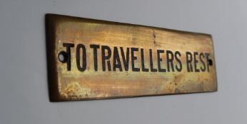 Railwayana - A brass signal box shelfplate "TO TRAVELLERS REST", 12 x 3.